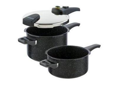 KOLIMAX BLACK GRANITEC Sada tlakových hrnců BIOMAX s BIO ventilem, průměr 22cm, objem 6 l + 4 l, BLACK GRANITEC
