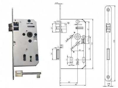 Zámek zadlabací, klíč D2255 P-L 72/55/80,čelo 20mm FABDOS