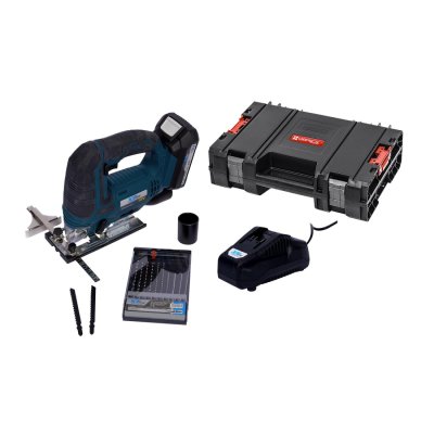 XTLINE Aku přímočará pila 18 V + baterie 2.0 Ah + nabíječka 2.4 A + pilové plátky + box