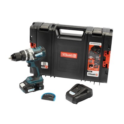 XTLINE Aku vrtačka s příklepem bezuhlíková 18 V, 65 Nm + baterie 2.0 Ah + nabíječka 2.4 A + sada bitů 7 dílů + box