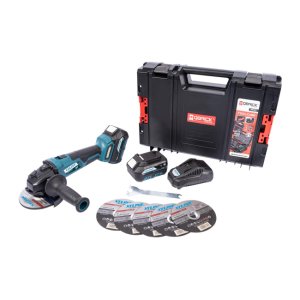 XTLINE Aku úhlová bruska bezuhlíková 18 V, 125 mm + kotouče + 2 baterie 5.0 Ah + nabíječka 3.5 A + box