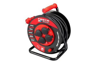 Kabel prodlužovací na bubnu venkovní FESTA INDUSTRY 3x2.5mm 25m 230V max 3680W 4 zásuvky guma-neoprén IP44
